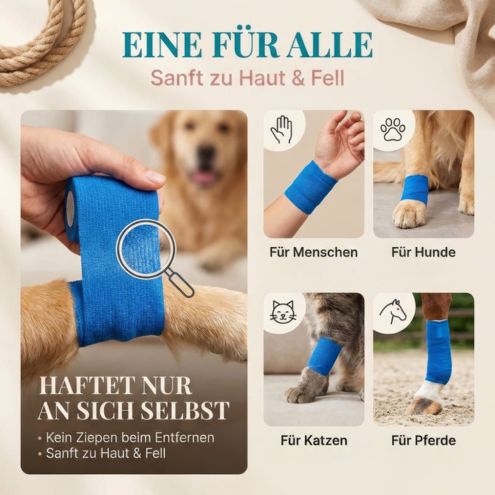 Blau selbstklebende Bandage an Mensch, Hund, Katze und Pferd. Text: Eine für alle, haftet nur an sich selbst, sanft zu Haut & Fell.