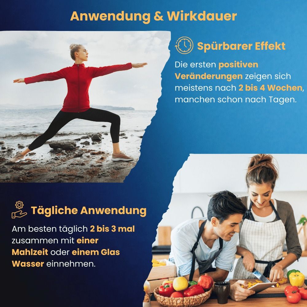 Anwendung & Wirkdauer. Frau macht Yoga. Paar kocht. Text: Wirkung nach 2-4 Wochen. Täglich 2-3 mal mit Mahlzeit oder Wasser.