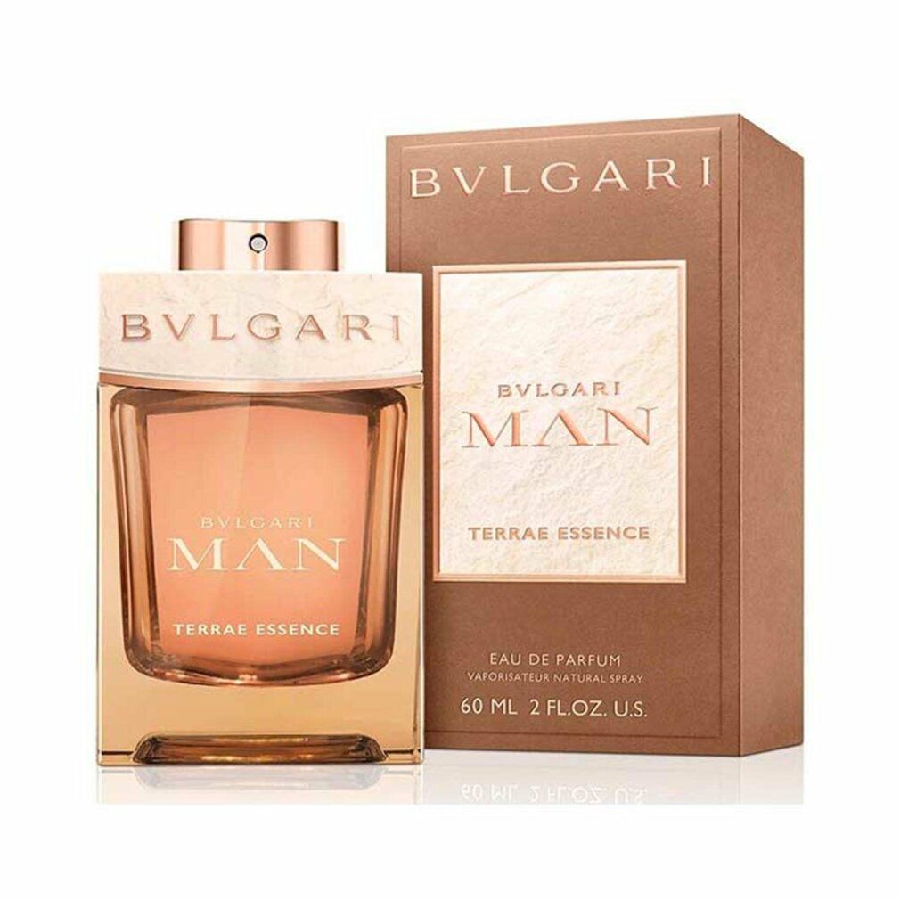 Flakon und Verpackung. Flakon quadratisch, goldfarben. Verpackung braun mit Aufschrift Bvlgari Man Terrae Essence.
