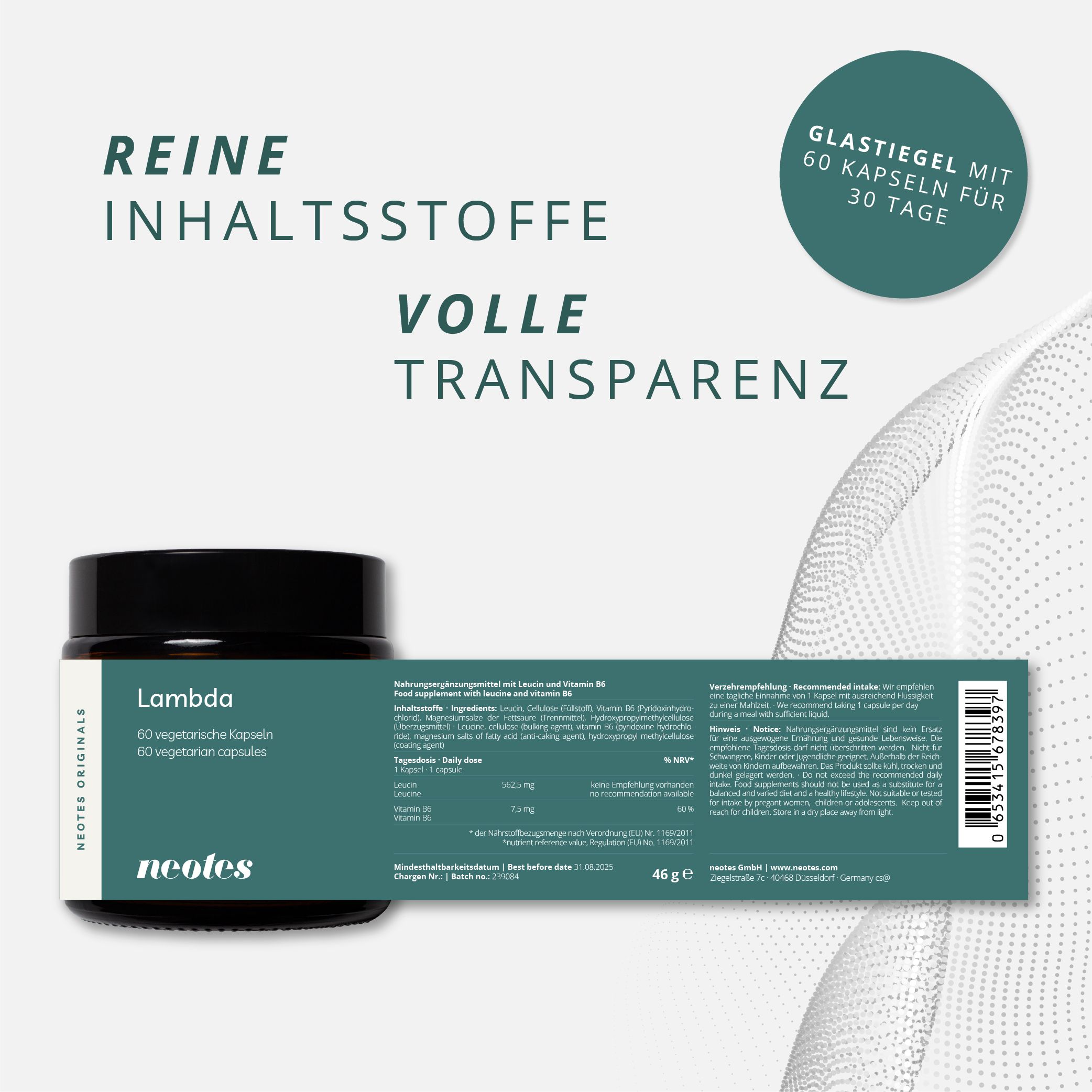 Glasbehälter mit "Lambda"-Etikett, 60 Kapseln. Text: "Reine Inhaltsstoffe, volle Transparenz". Beipackzettel mit Inhaltsstoffen. "neotes"-Logo.