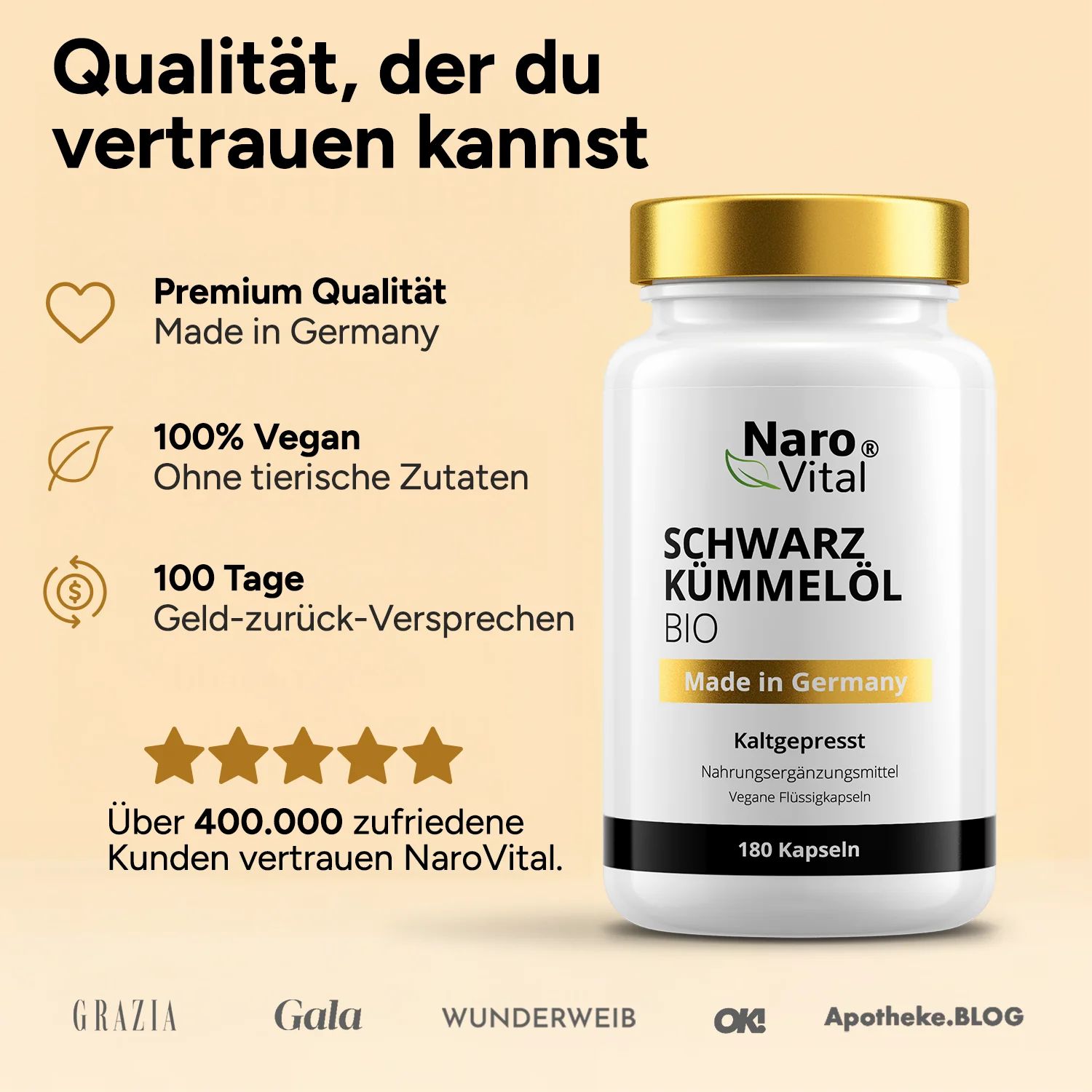 Flasche NAROVITAL® Bio Schwarzkümmelöl, BIO, 180 Kapseln. Text: Premium Qualität, 100% Vegan, Geld-zurück-Versprechen. Sterne-Bewertung.