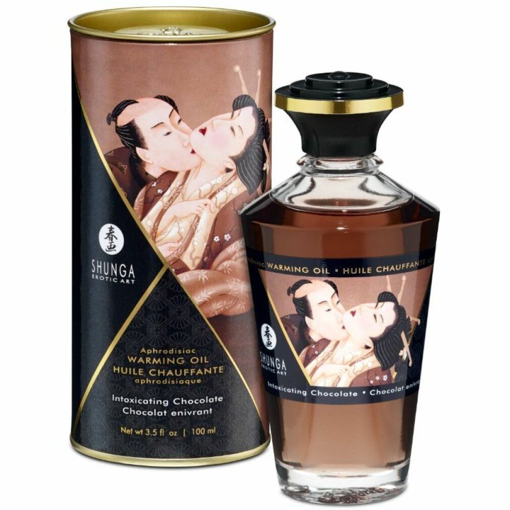 Bruine fles en doos met etiketten. Opschrift: Shunga, Warming Oil, Intoxicating Chocolate. Illustratie: kussend paar.