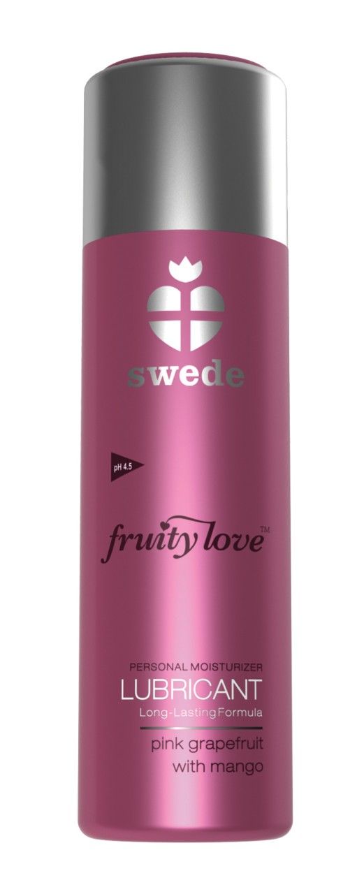 Pinkfarbene Flasche mit silbernem Deckel. Aufschrift: Swede, Fruity Love, Lubricant, Pink Grapefruit with Mango.