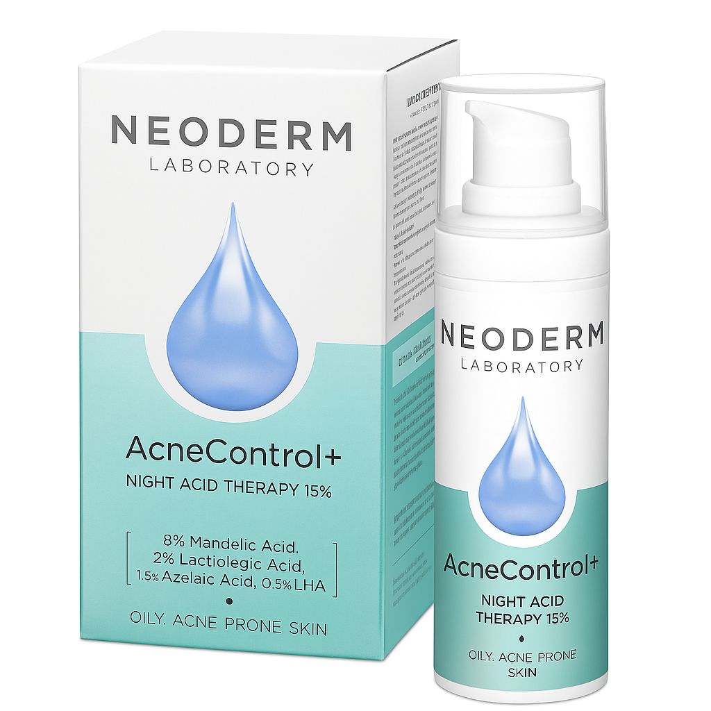Weiße Flasche und Schachtel mit Produktinformationen. Aufschrift: NEODERM LABORATORY, AcneControl+, Nacht-Säuretherapie 15%. Für ölige, zu Akne neigende Haut.