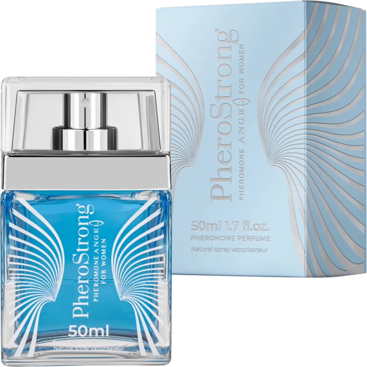Flakon mit blauem Inhalt und Sprühkopf, daneben Verpackung. Aufschrift: PheroStrong, 50ml, Pheromone Angel for Women.