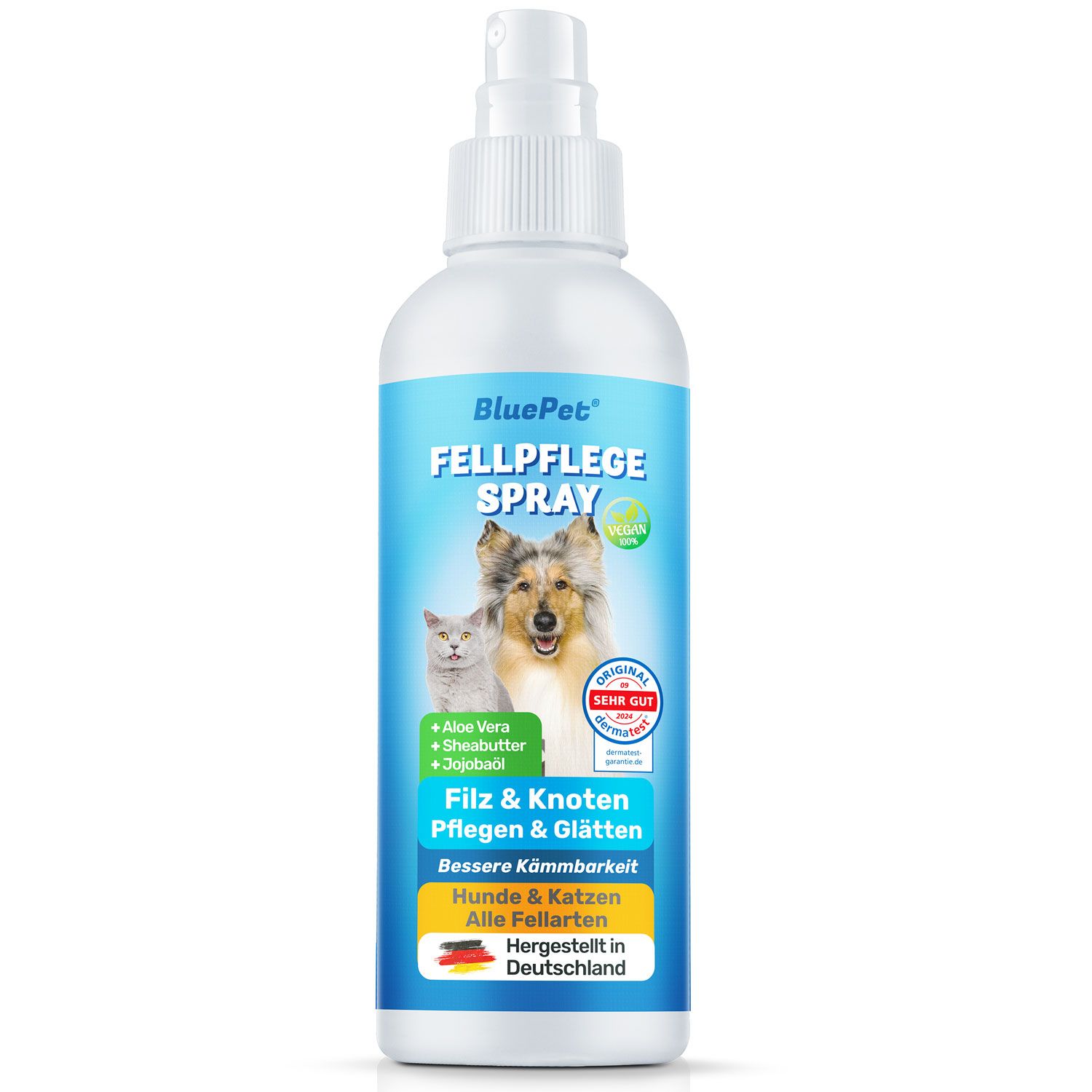 Weiße Sprühflasche mit blauem Etikett. Enthält Fellpflege Spray. Auf dem Etikett sind ein Hund und eine Katze abgebildet. Mit Vegan-Siegel.