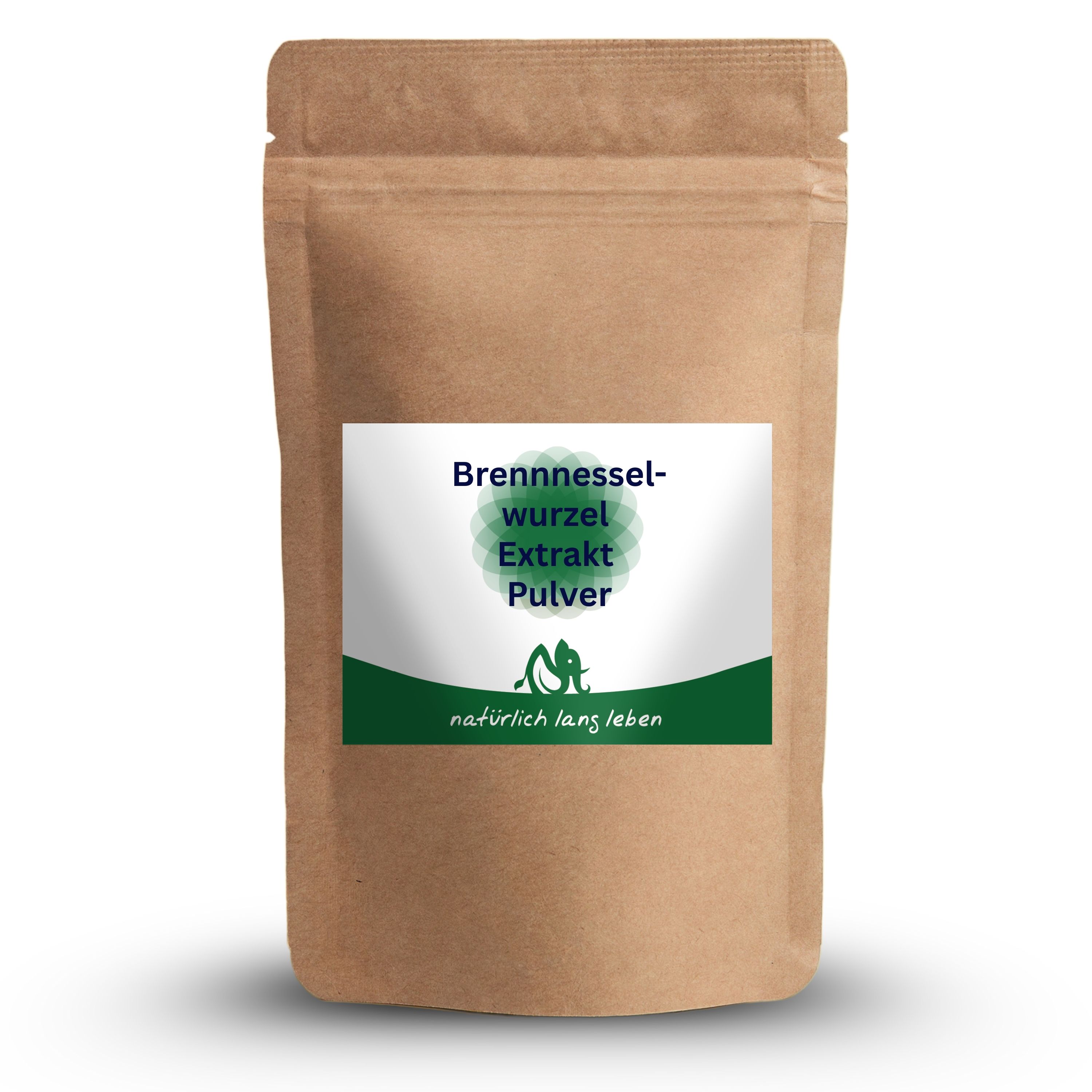 Braune Papiertüte mit Etikett. Text: Brennnesselwurzel Extrakt Pulver. Weißer Hintergrund.