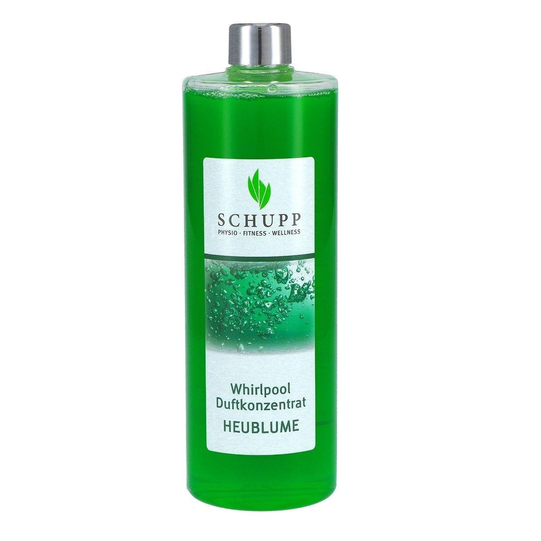 Grüne Flüssigkeit in einer Flasche mit silbernem Deckel. Aufkleber mit Logo und Text: Whirlpool Duftkonzentrat Heublume.