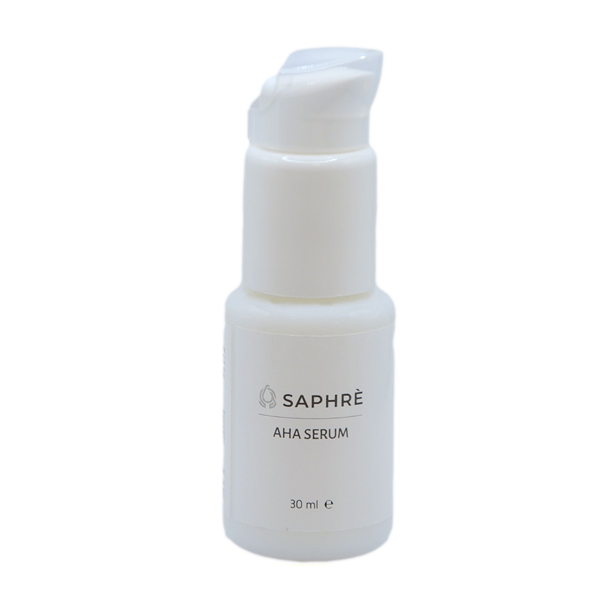 Weiße Flasche mit Pumpverschluss. Beschriftung: Saphre AHA Serum, 30 ml.