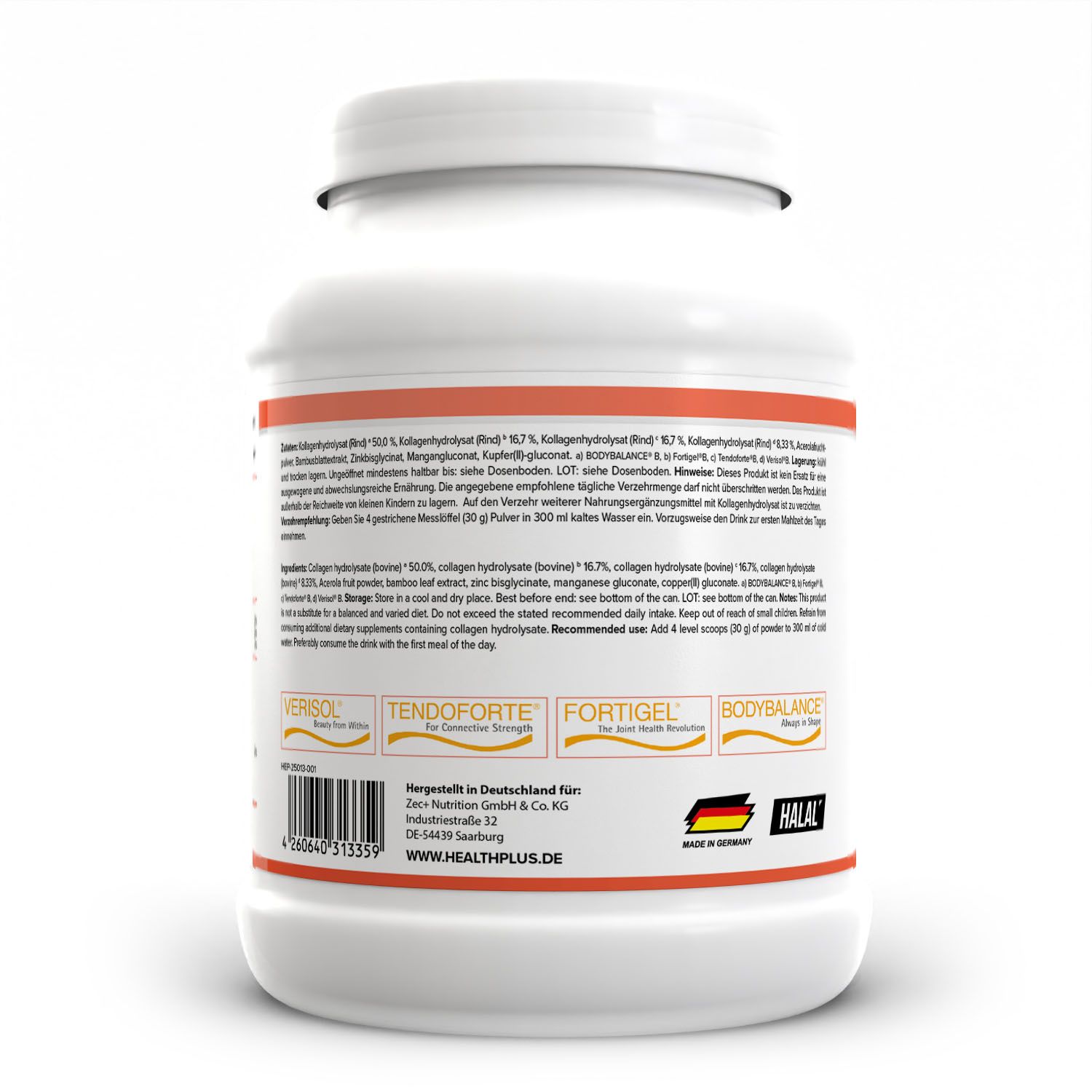 Rückseite eines weißen Behälters mit detaillierten Produktinformationen, Siegeln und Herstellungsangaben für Kollagenpulver.