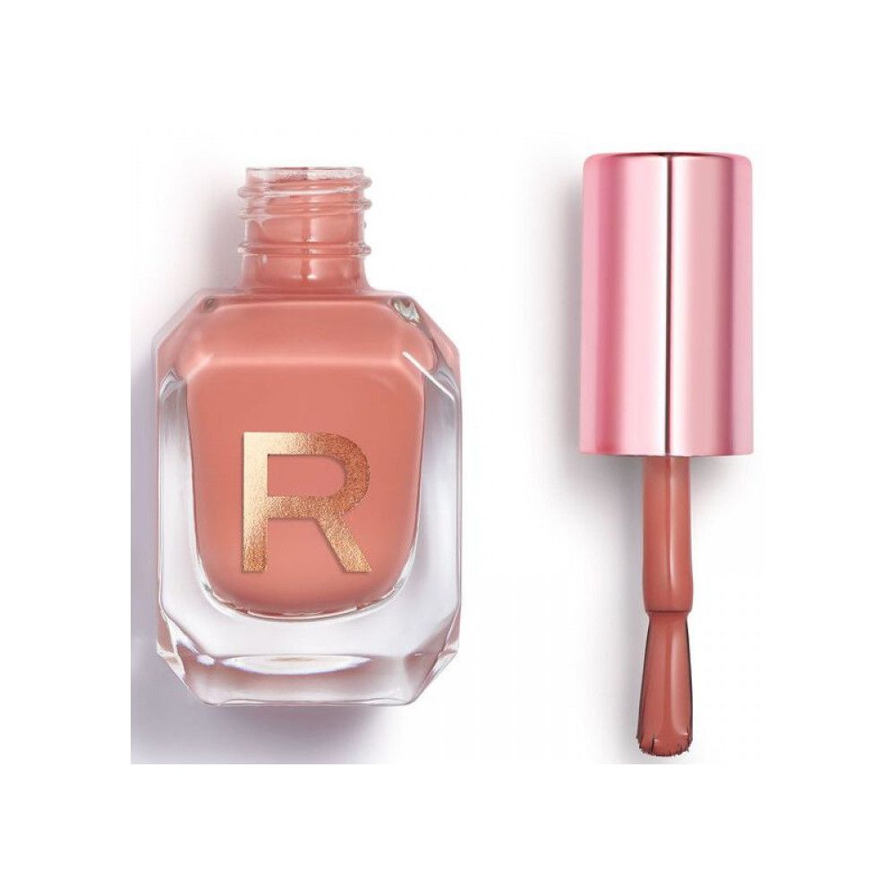 Ein Fläschchen Nagellack mit einem roségoldenen Deckel und einem Applikator. Der Flakon zeigt ein goldenes 'R'-Logo.