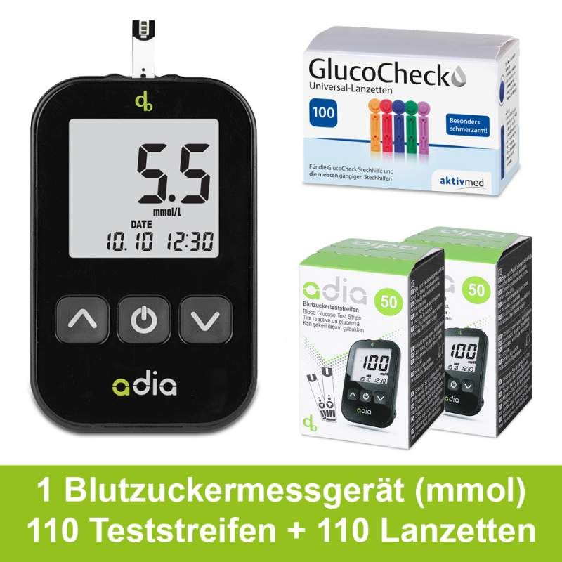 adia Blutzuckermessgerät (mmol/L) Set + 110 Blutzuckerteststreifen Lanzetten 1 St