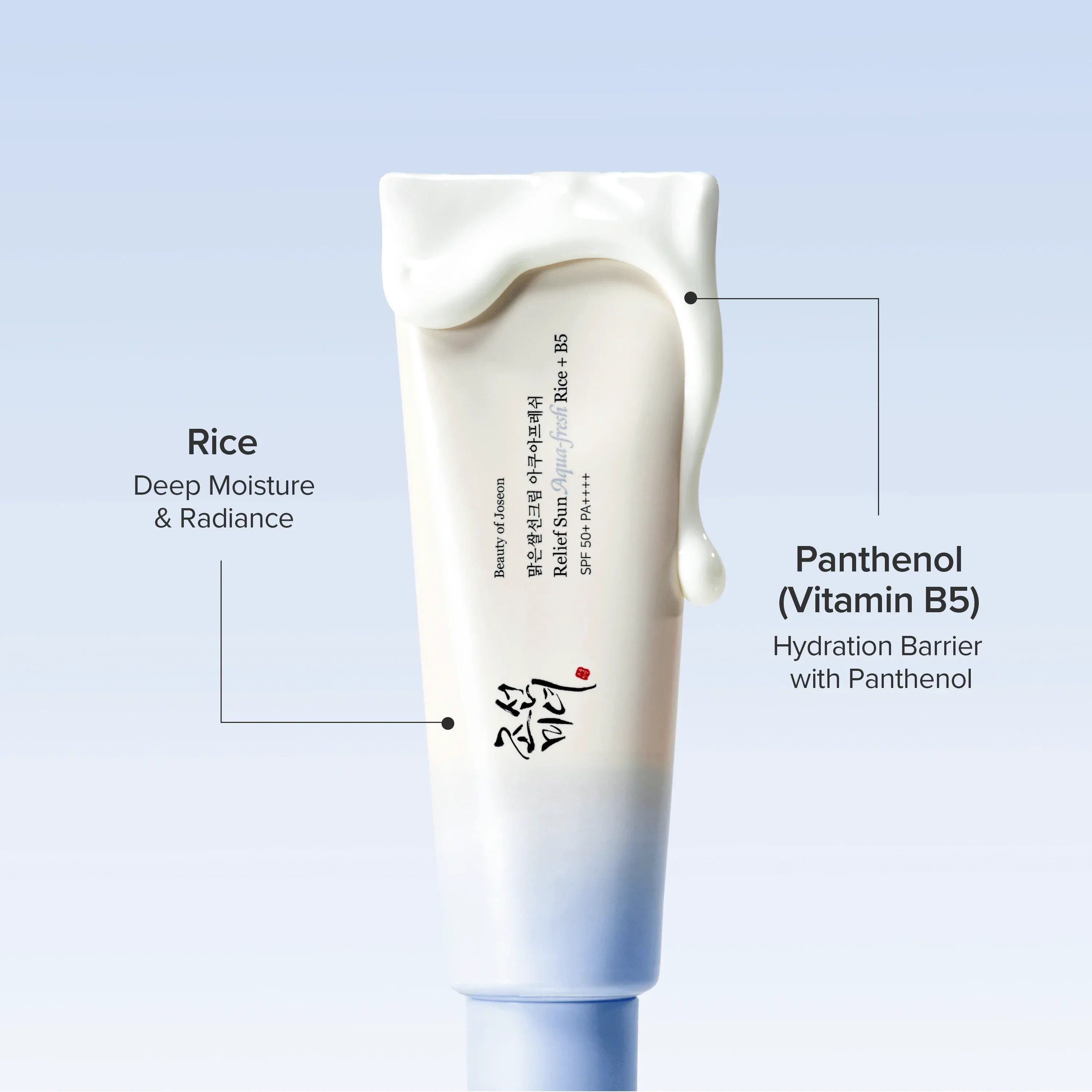 Sonnenschutz-Tube mit Text über Reis und Panthenol.