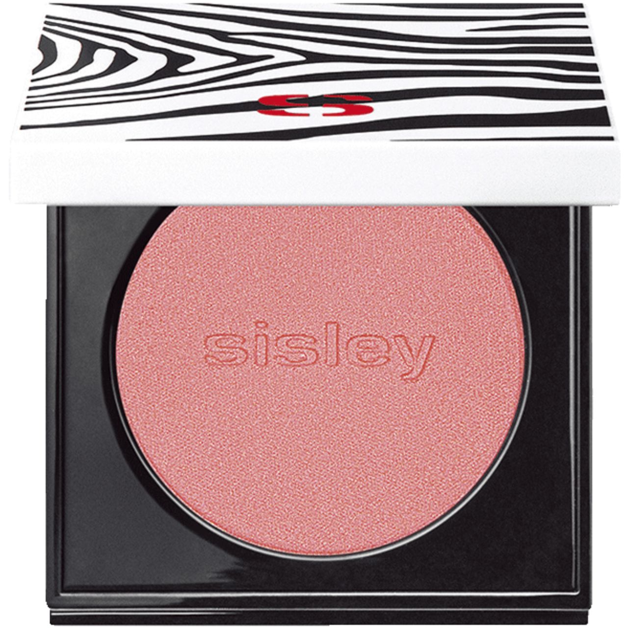 Rouge-Puder von Sisley. Rosa Puder in quadratischer, schwarzer Dose mit weißem Deckel mit Zebra-Muster. Sisley-Logo auf dem Puder.