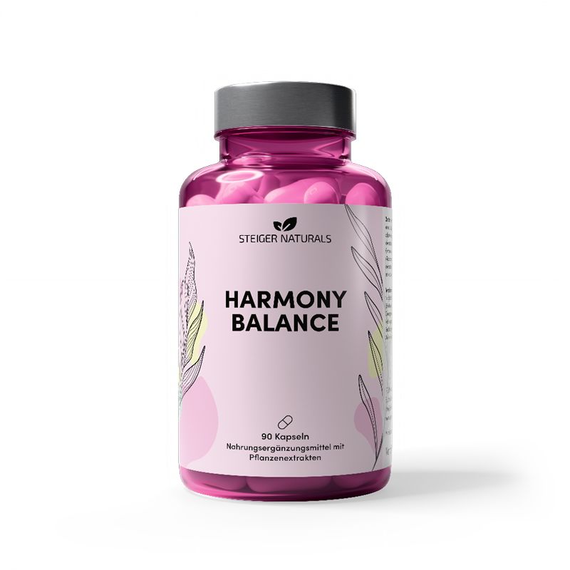 Rosa Flasche mit Kapseln. Aufschrift: Harmony Balance. Marke: Steiger Naturals. 90 Kapseln. Nahrungsergänzungsmittel.