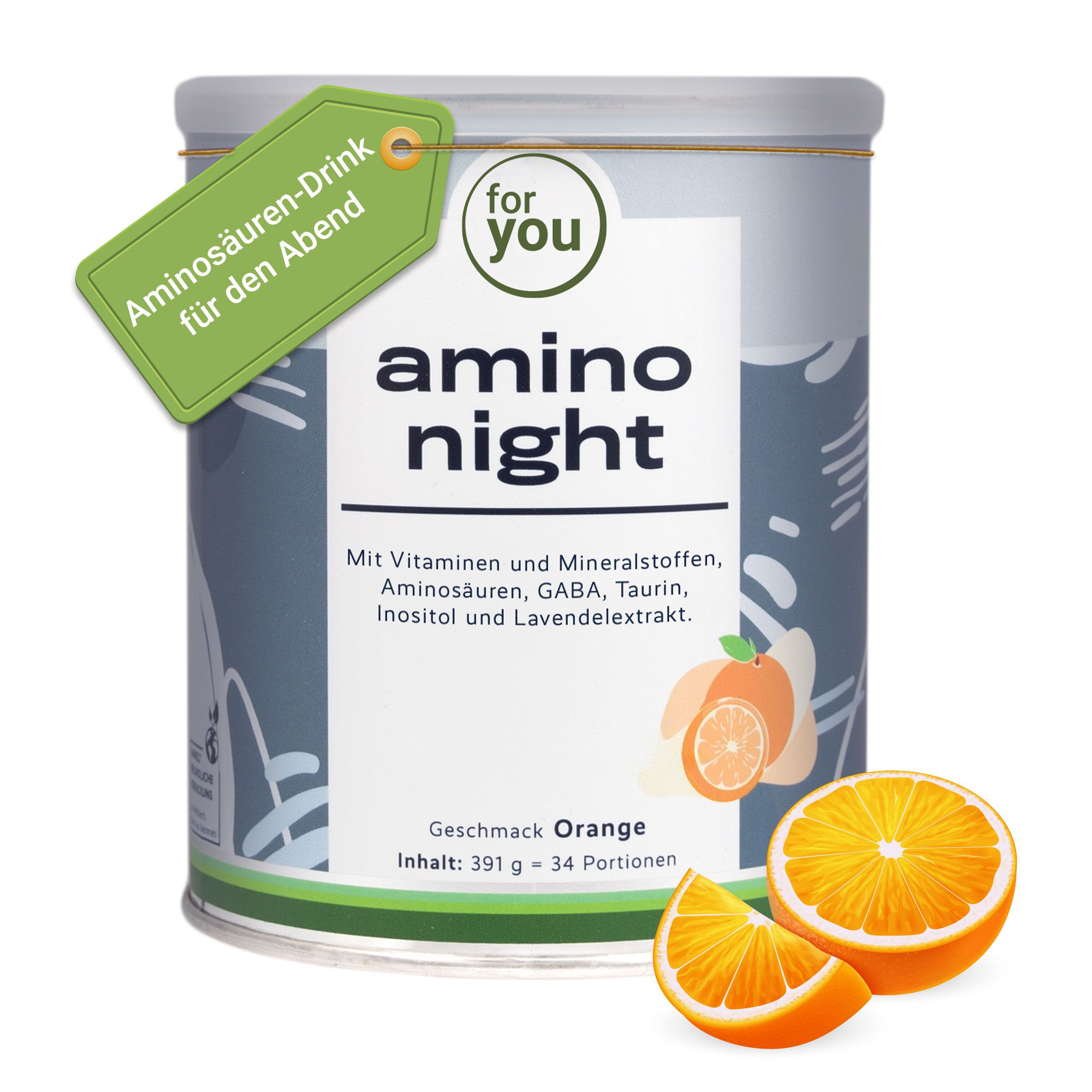 Dose "for you amino night" mit Anhänger. Text: "Aminosäuren-Drink für den Abend", "Geschmack Orange".