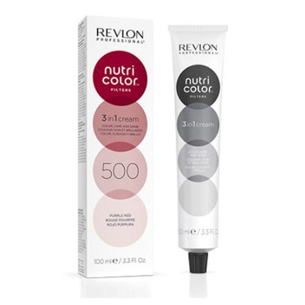 Produktverpackung und Tube. Aufschrift: Revlon, Nutri Color Filters, 3 in 1 cream, 500, Purple Red.