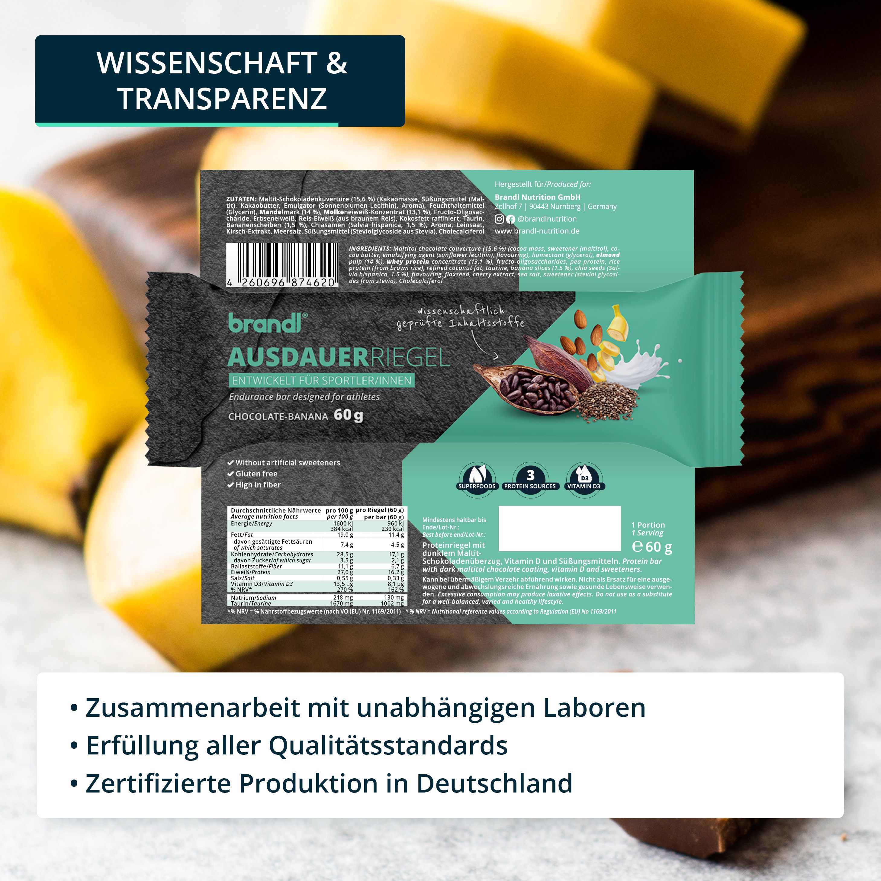 brandl® Eiweiß-Riegel für Sportler ohne künstl. Süßstoffe | Premium Proteinriegel mit 16g Eiweiß