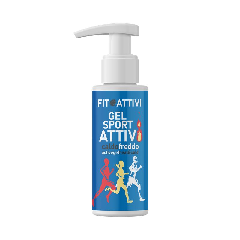 Blau-weiße Flasche mit Pumpe. Aufschrift: FIT ATTIVI, GEL SPORT ATTIVI, caldo freddo. Abbildung von Läufern.