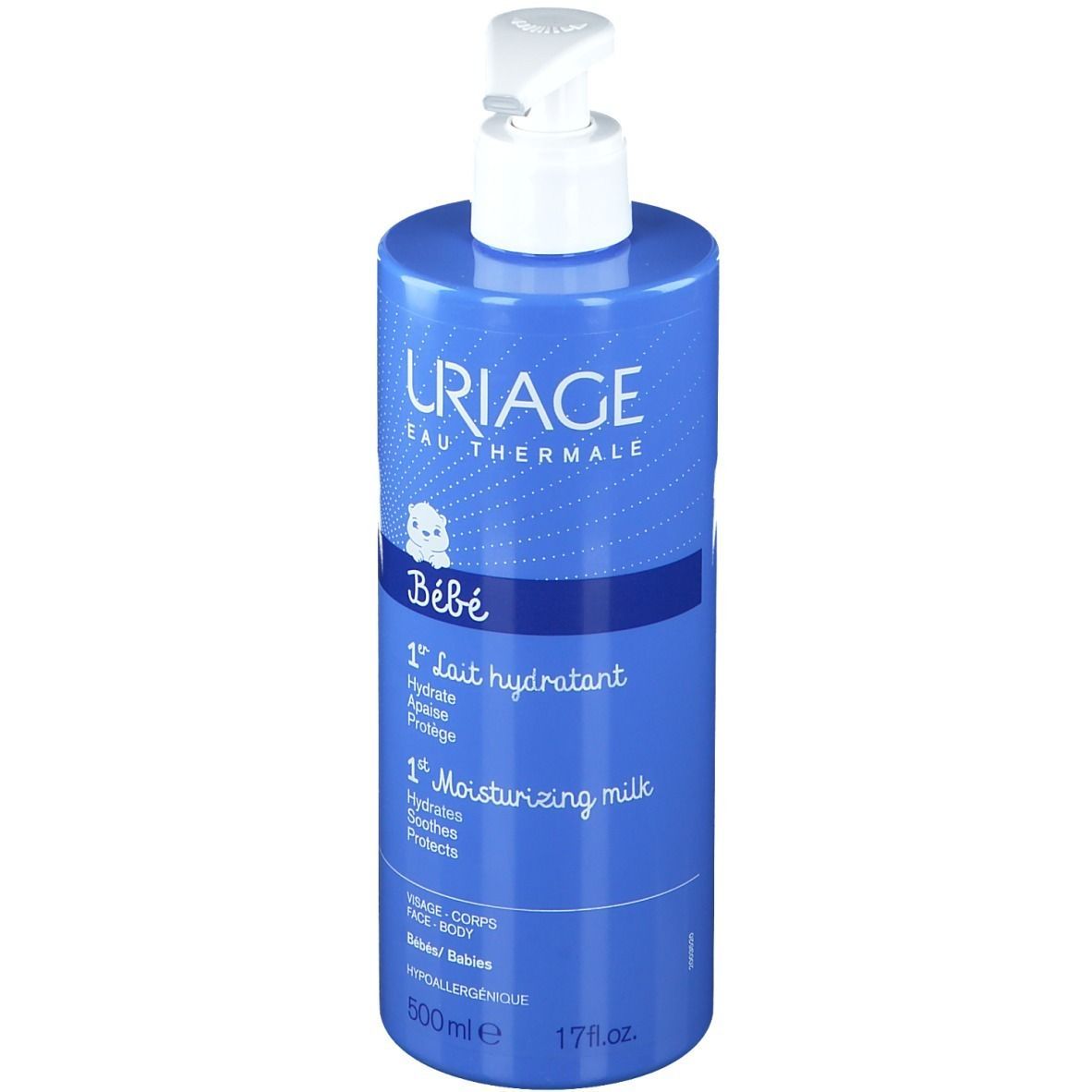 Flacon bleu avec pompe. Texte: Uriage Bébé, 1er Lait hydratant, 1er Moisturizing milk. 500ml, 17 fl.oz.