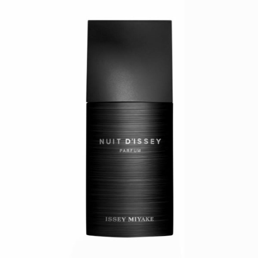 Schwarzer Flakon mit Deckel. Schriftzug: Nuit d'Issey Parfum, Issey Miyake.