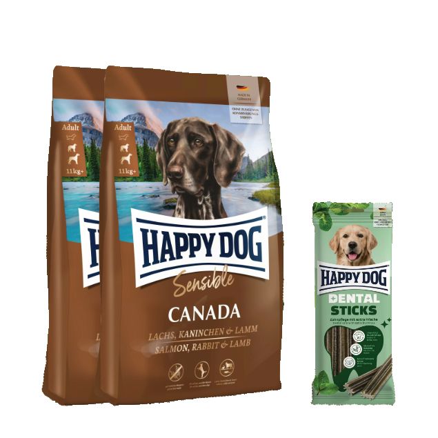 Happy Dog Sensible Canada Doppelpack + Dental Sticks für Hunde 25,1 kg