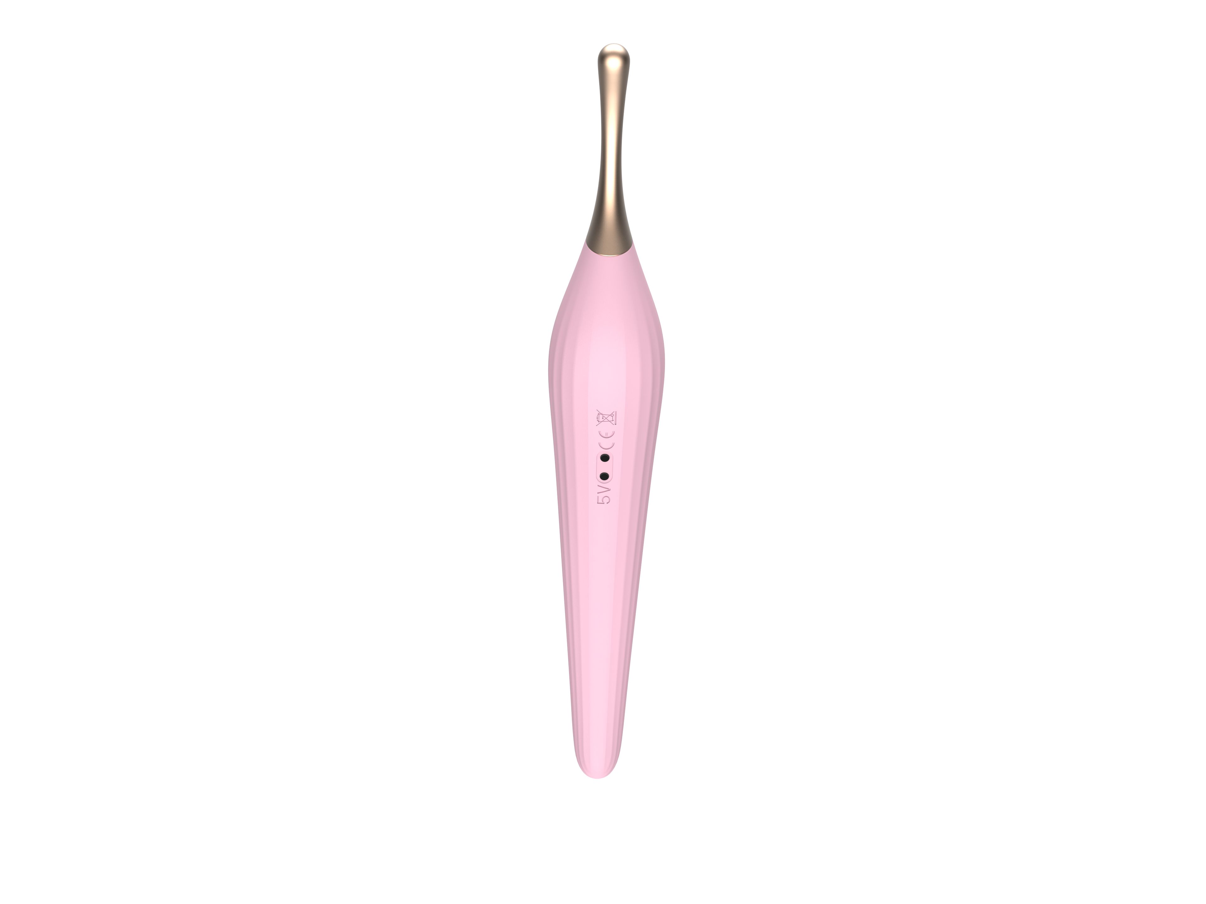 Rosa Vibrator mit goldfarbenem Kopf. Schlanke Form mit drei LED-Anzeigen. Auf weißem Hintergrund.