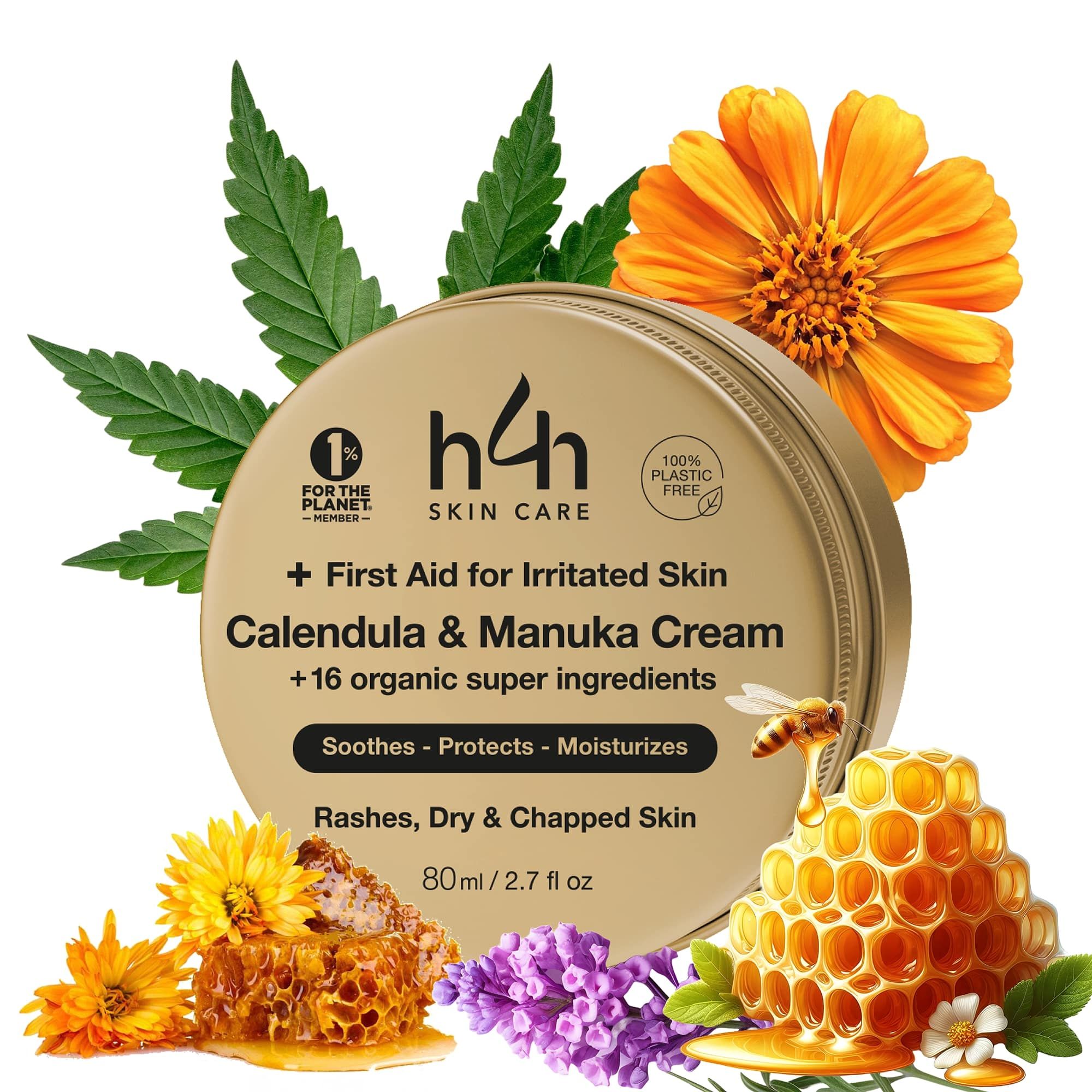 Runde Dose mit Text: H4H Skin Care, + First Aid for Irritated Skin, Calendula & Manuka Cream. 80ml/2.7 fl oz. Mit Blüten.