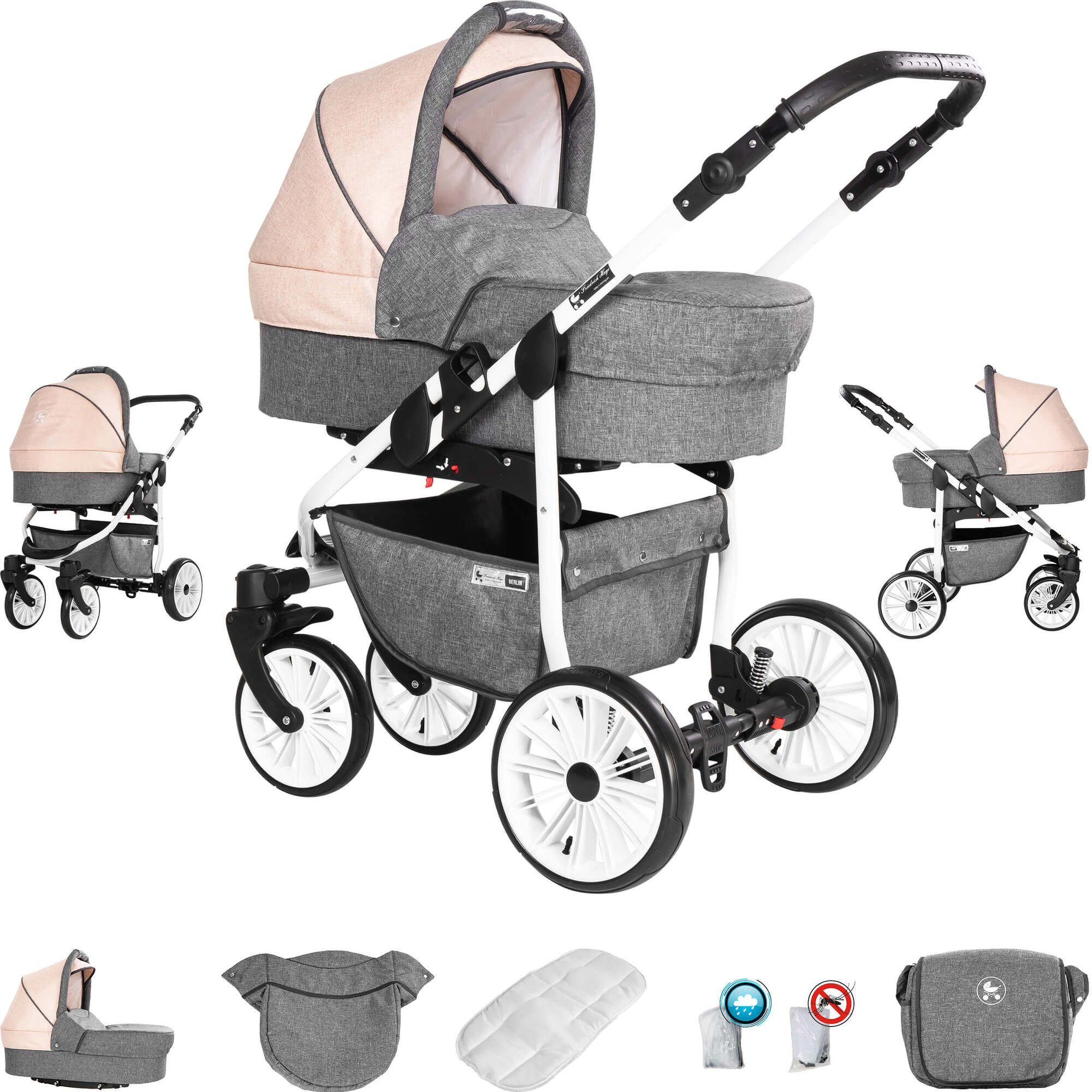 Friedrich Hugo Berlin 4 in 1 Kinderwagen Komplettset ISOFIX Basis GEL Reifen, Grey and Beige Day