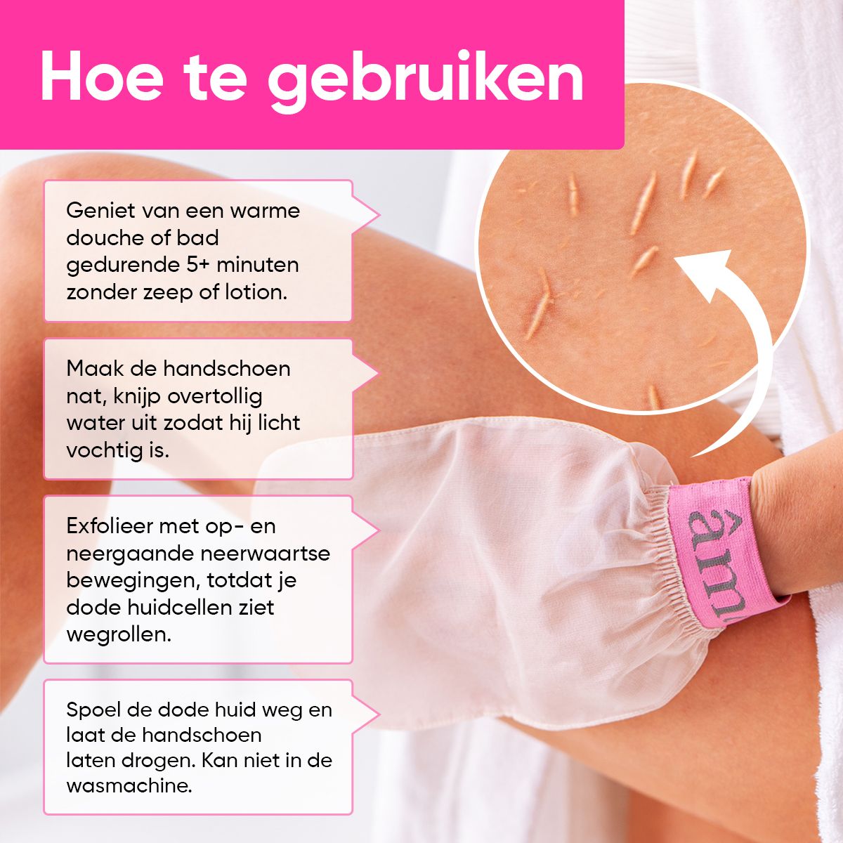 Gebruiksstappen met zijden handschoen. Tekst in het Nederlands.