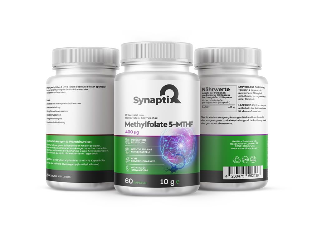 Drei weiße Fläschchen mit Kapseln. Aufschrift: SynaptiQ Methylfolate 5-MTHF, 400 µg. 60 Kapseln, 10 g.