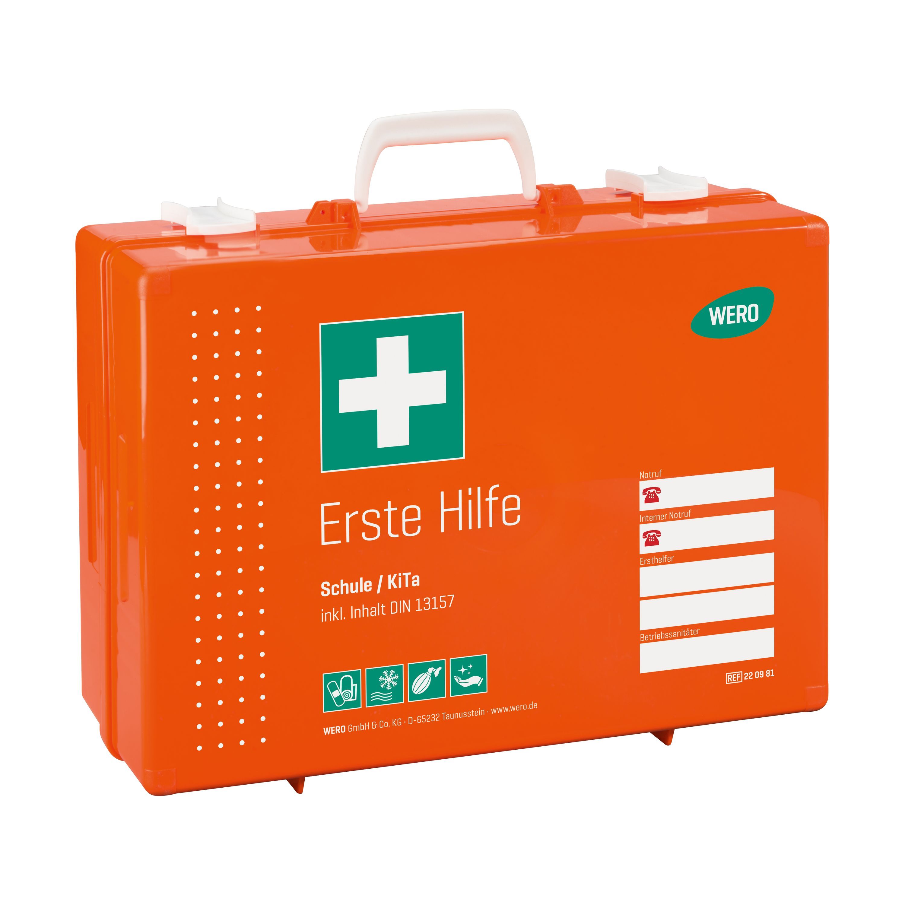 Geschlossener, orangefarbener Erste-Hilfe-Koffer mit weißem Griff und grünem Kreuz. Aufschrift: Erste Hilfe, Schule/KiTa, DIN 13157.