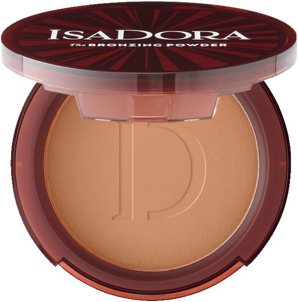 Offener, runder IsaDora Bronzing Powder-Behälter. Braunes Puder mit geprägtem 'D'. Deckel mit Schriftzug: IsaDora, The Bronzing Powder.