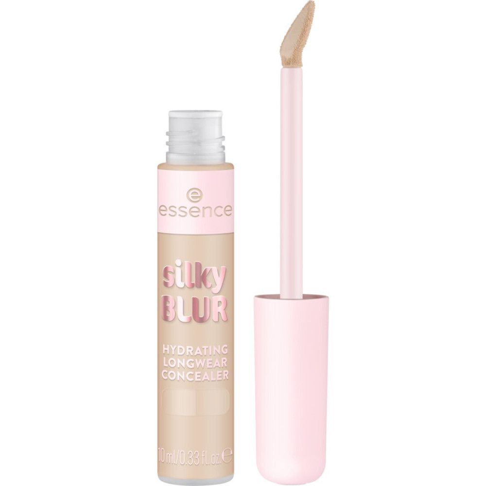 Concealer-Tube mit rosa Deckel und Applikator. Aufschrift: Silky Blur, Hydrating Longwear Concealer. Marke: Essence.