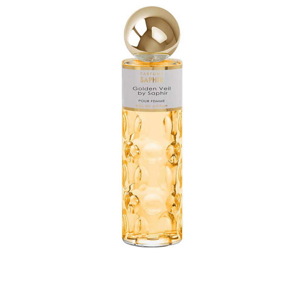 Parfümflakon mit goldfarbenem Verschluss. Aufschrift: Golden Veil by Saphir. Gelbe Flüssigkeit im Glasbehälter mit geprägtem Muster.
