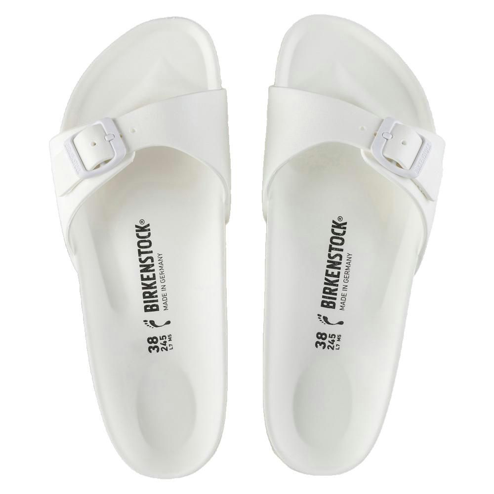 Due sandali bianchi. Vista dall'alto. Logo Birkenstock e indicazione taglia. Madrid Normale.