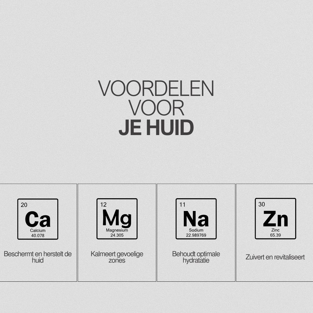 Grafiek met elementen Ca, Mg, Na, Zn. Tekst: Voordelen voor je huid. Beschrijft de voordelen.