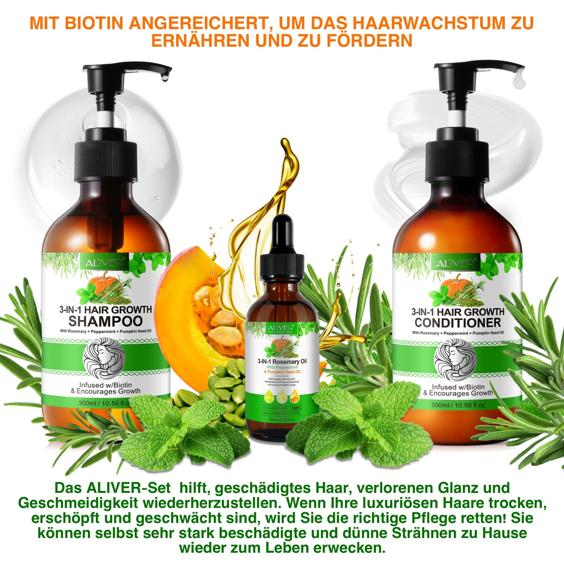 Drei Flaschen ALIVER Haarpflege-Set. Shampoo, Conditioner und Haaröl. Text über die Vorteile und Inhaltsstoffe.