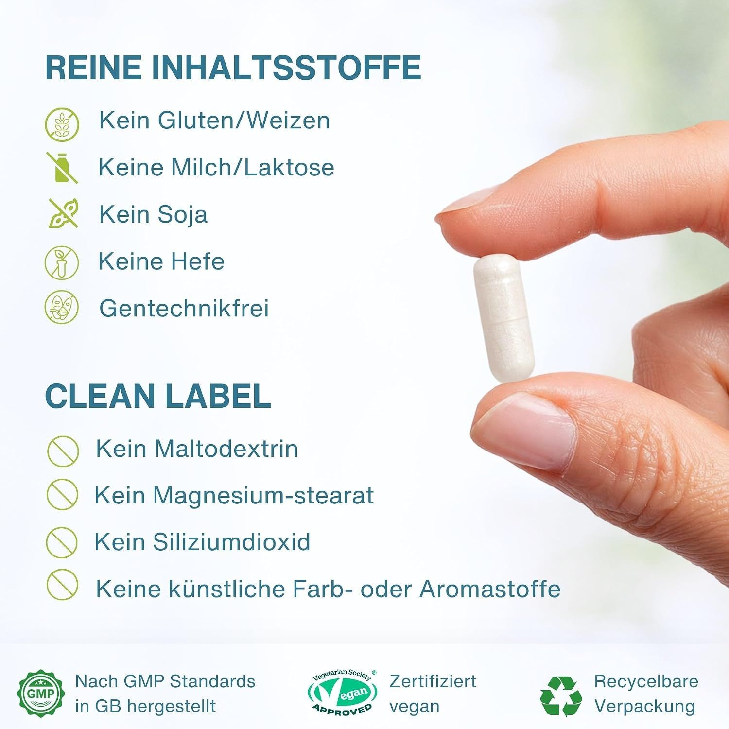 Liste mit "reinen Inhaltsstoffen" und "Clean Label" Kriterien. "Nach GMP Standards in GB hergestellt".