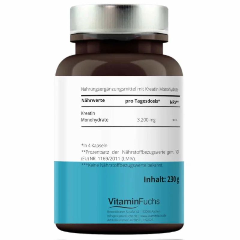 Braune Flasche mit weißen und blauen Etiketten. Text: Nährwerte, Kreatin Monohydrat, VitaminFuchs, Inhalt: 230g.