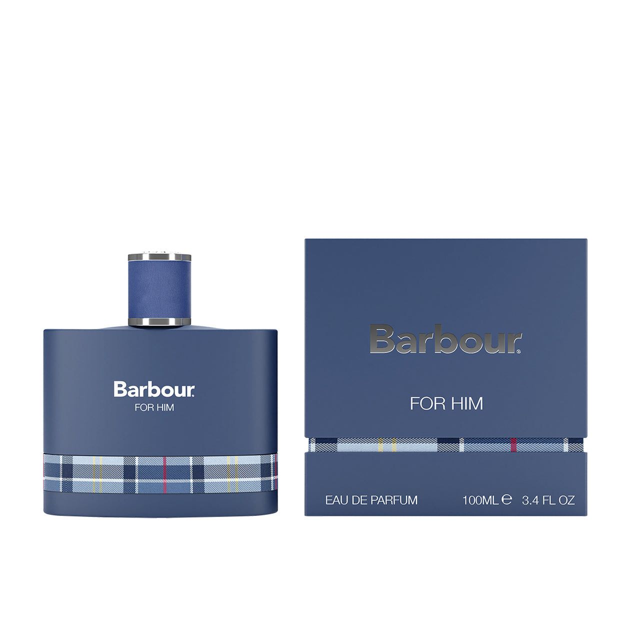 Blaues Parfümflakon und Schachtel. Aufschrift: Barbour FOR HIM. Kariertes Muster am Flakonboden und Schachtel. Eau de Parfum.
