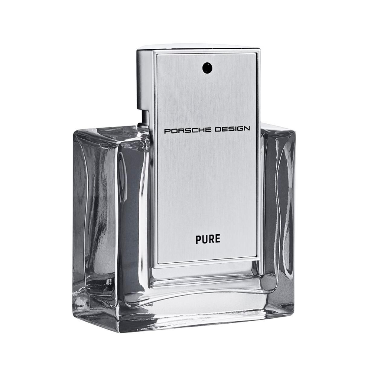 Transparenter Flakon mit silberner Front. Auf der Front steht "PORSCHE DESIGN PURE". Der Flakon hat eine rechteckige Form.
