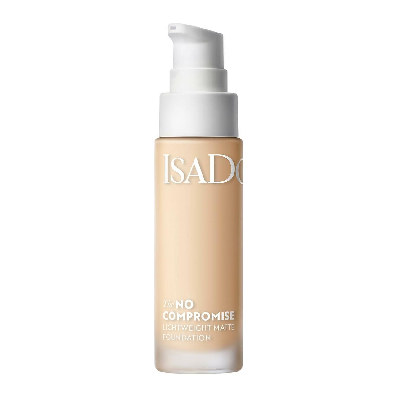 IsaDora No Compromise Matte Foundation Flasche. Beige Farbton, weißer Pump-Spender. Produktname und Marke sichtbar.