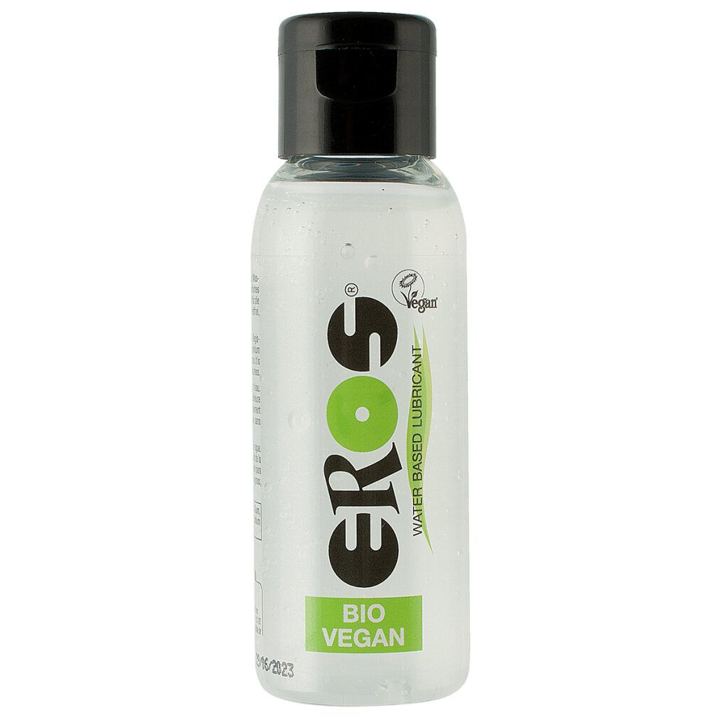 Klare Flasche mit schwarzem Deckel. Aufschrift: EROS, BIO VEGAN, Wasserbasiertes Gleitmittel. Vegan-Siegel.