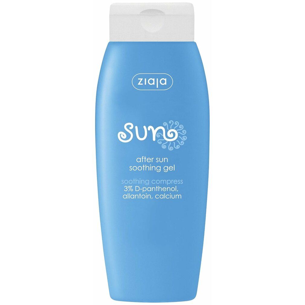 Hellblaues Gel mit weißem Deckel. Aufschrift: Ziaja, Sun, After Sun Soothing Gel. Enthält D-Panthenol, Allantoin, Calcium.