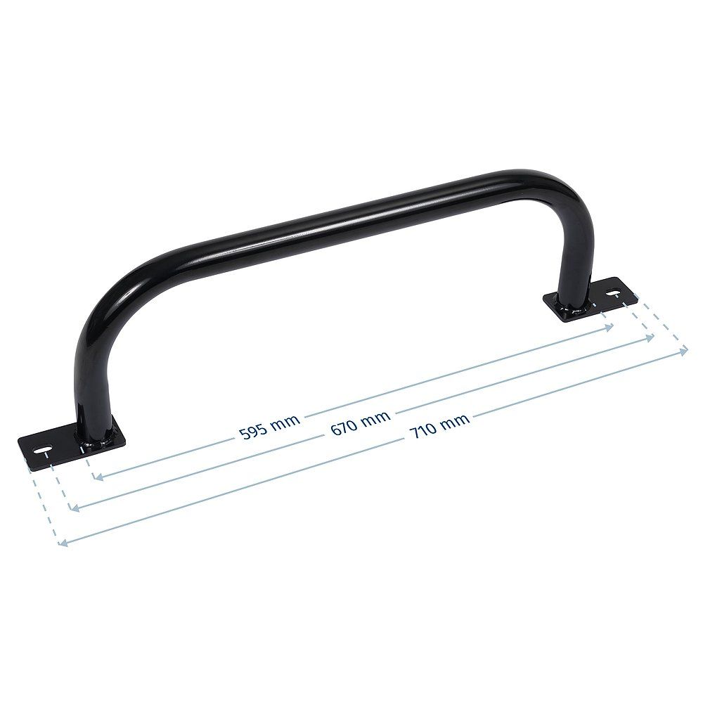 Schwarzer Hangelgriff mit zwei rechteckigen Basen. Gebogene Form. Maße: 595 mm, 670 mm, 710 mm.