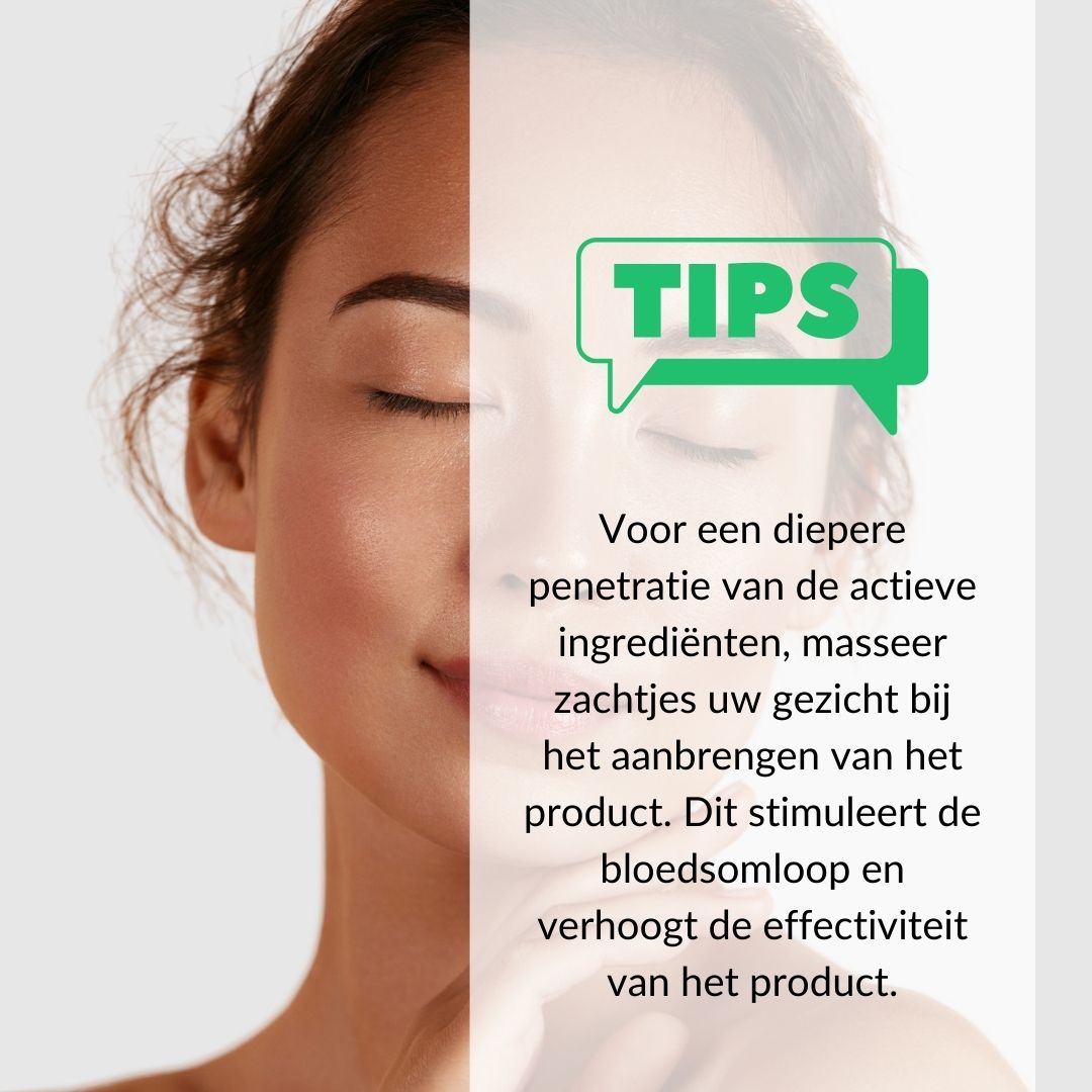 Gedeeld gezicht. Tekst: Voor diepere penetratie masseren. Stimuleert de bloedsomloop.