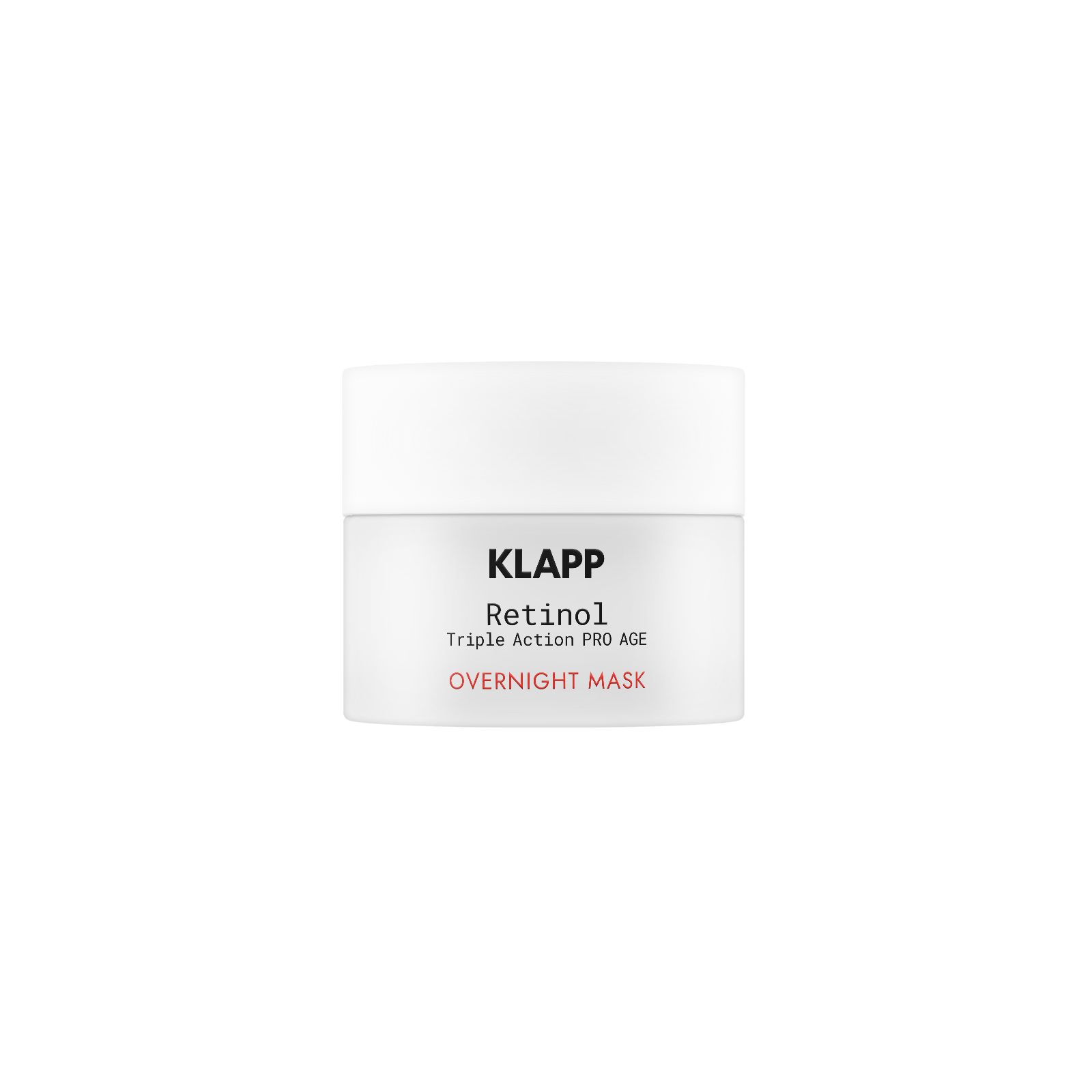 KLAPP Retinol Triple Action Pro Age Overnight Mask in weißem Tiegel.