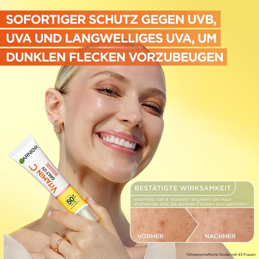 Frau mit Garnier Vitamin C Daily UV Glow. Tube in der Hand. Text: Sofortiger Schutz gegen UVB, UVA. Bestätigte Wirksamkeit.