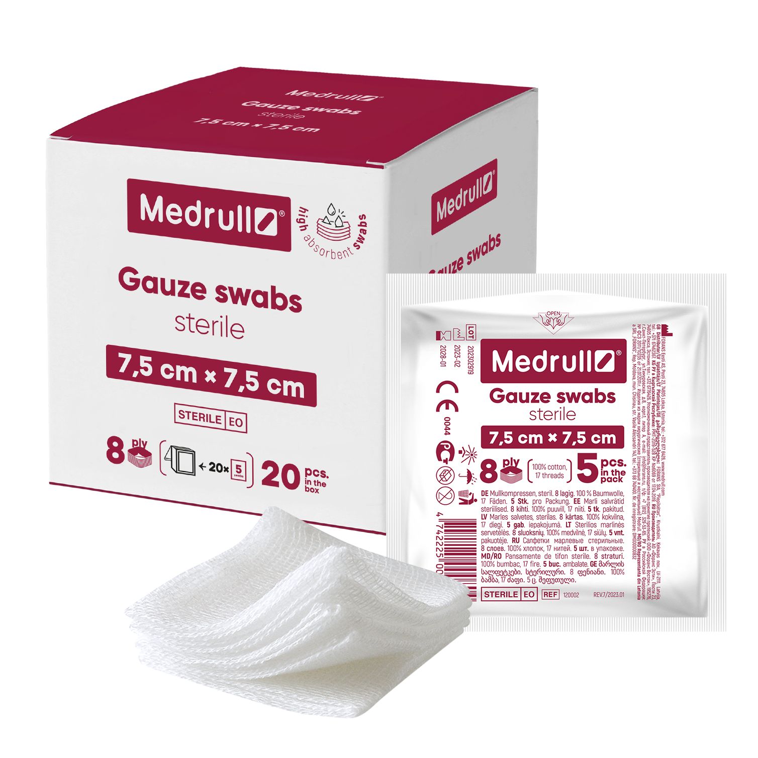 Karton mit 20 Packungen steriler Mullkompressen, je 5 Stück (7,5x7,5 cm).